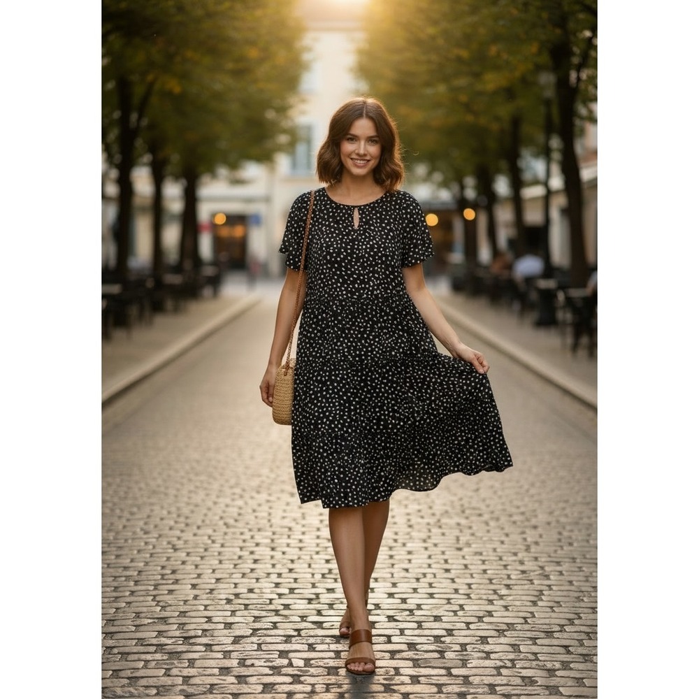 Beachlunchlounge Black White Polka Dot Tiered Midi Dress Womens XL Viscose Boho